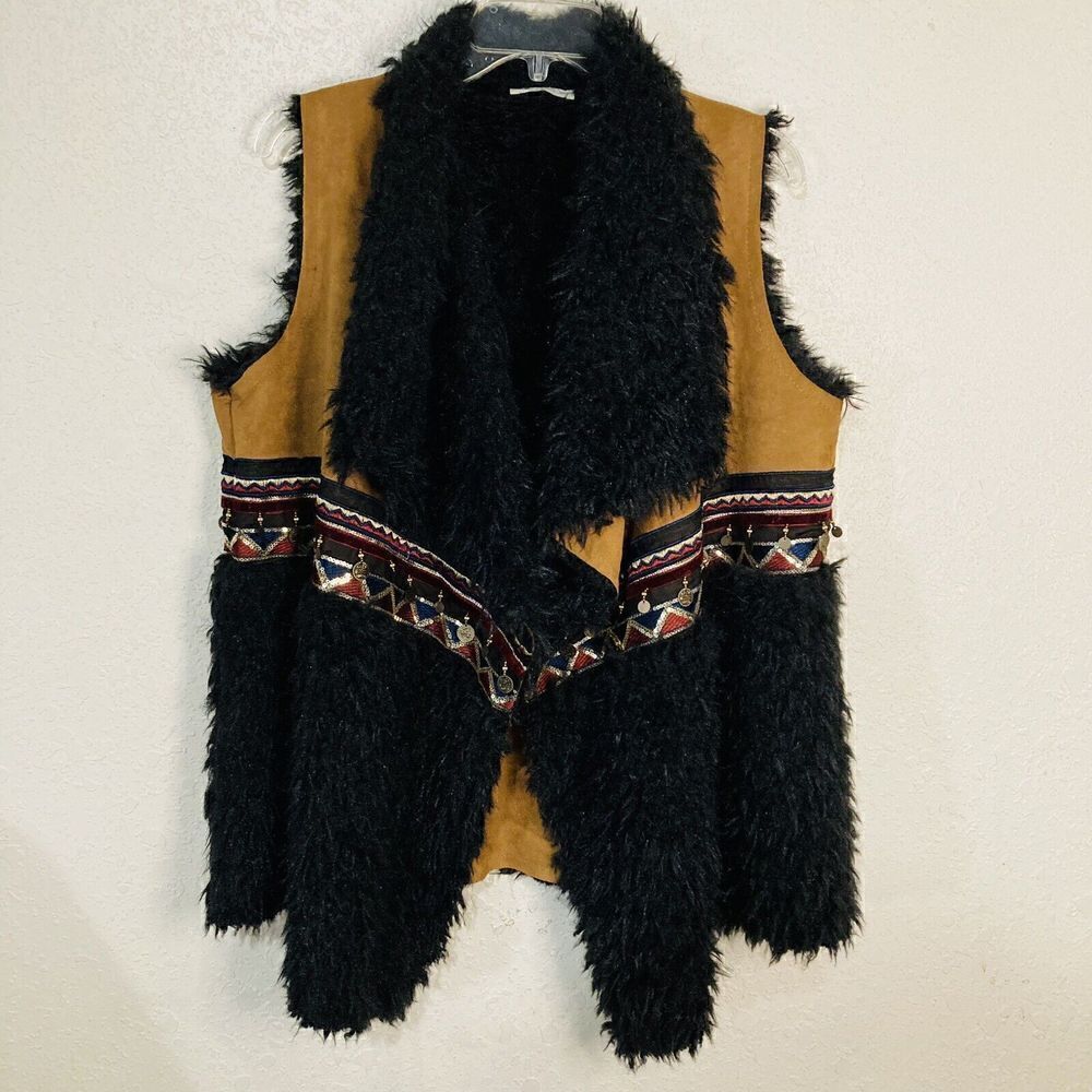 Scandal Italy Womens Serenity Brown And Black Faux‎ Fur Boho Vest One Size